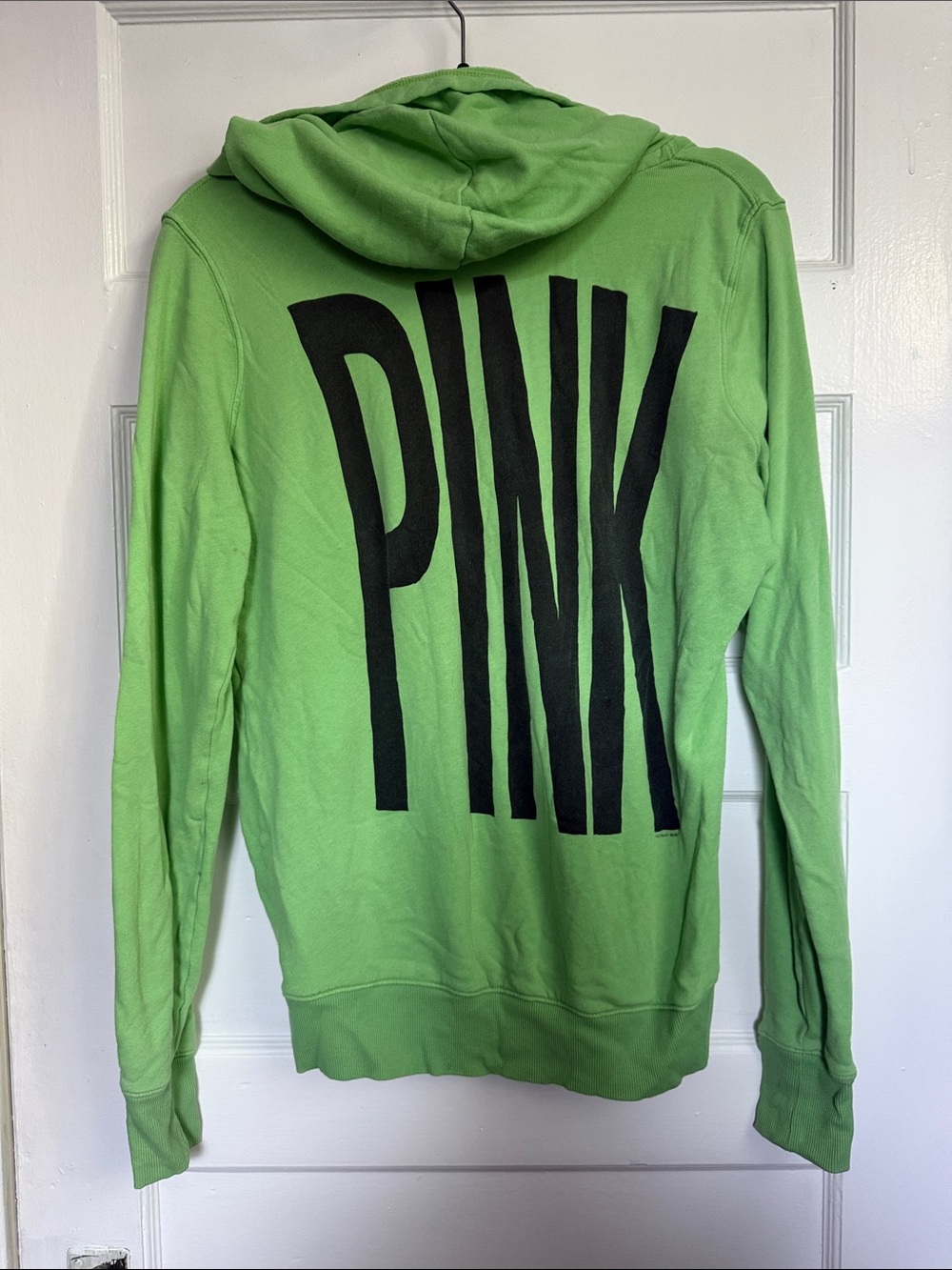 Vintage Y2K PINK Logo Back Print Green Hoodie Size Small